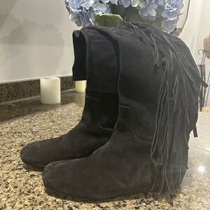 Longchamp Black Over the Knee Boots with Fringe